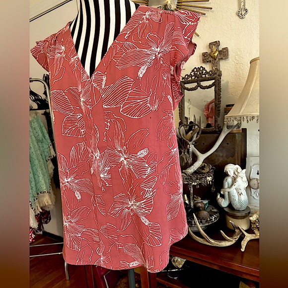 Tropical Palm Print Ruffle Cap Sleeves Casual Cute Top Burnt Orange Fun2Fun MED - Picture 7 of 8